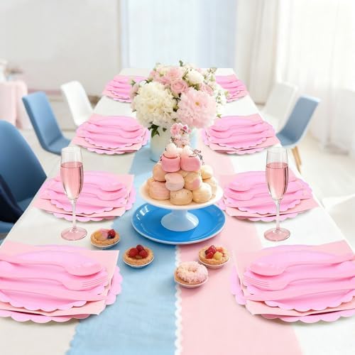 100 Pack Pre Rolled Pink Plastic Cutlery Set with Paper Napkins - Image 7