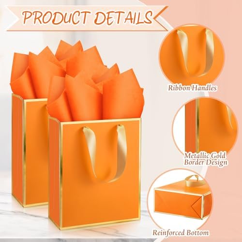 Yeaqee 50 Pcs Metallic Paepr Gift Bags Bulk with Handles,Orange - Image 3