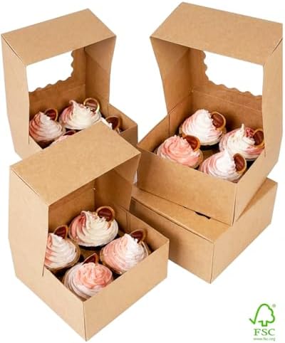 qiqee Auto-pop Up Cupcake Boxes with Window Brown 100PCS 4 Count Cupcake Box 6.3"x6.3"x3" Cupcakes Carrier, 4 Cupcake Containers - Image 3