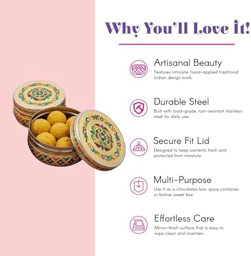 LOVENSPIRE Meenakari Stainless Steel Storage Box with Lid (400gm) Decorative Round Indian Food Container for Sweets, Kitchen Items & Return Gift Favors Pack of 12 - Image 2