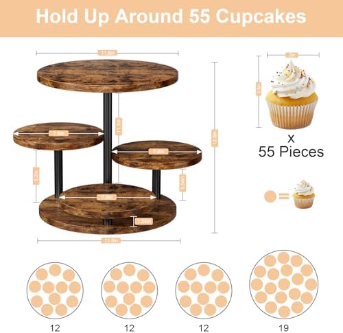 Cupcake Stand 4 Tier for 50 Cupcakes Wooden Cake Stand 360°Rotatable Dessert Stands Round Cookie Tiered Tray Stand for Party Birthday Wedding Baby shower Afternoon Tea Dessert Table, Brown - Image 3