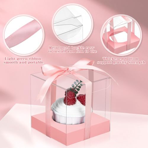 Thenshop 50 Pcs Clear Cupcake Boxes Individual 3.5 Inch, Pink - Image 3