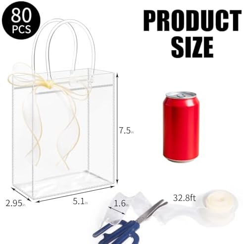 WDSHCR 80 PCS Clear Plastic Gift Bags with Handles, Party Favor Bags with Ribbons, Reusable Goodie Tote Bags for Wedding, Baby Shower, Birthday (Clear 5.1 x 7.5 x 3.1, 80 Pack) - Image 2