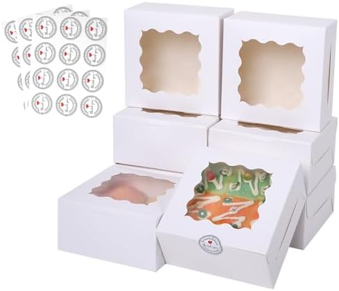 100 pcs 6x6x3 Inches Small Cake Box with Window, 6 inch Cookie Boxes Bakery Pastry, Mini Pie container for Pastry,Dessert,Strawberries,Chocolates, Cupcakes with paper stickers (White) by PFAMKEER