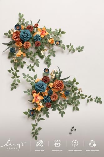 Ling's moment Welcome Sign Flowers, Wedding Floral Swag Burnt Orange & Teal - Image 5