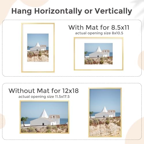 FLYJOE 12x18 Metal Picture Frame for Wall With Mat for 8.5x11, 12''x18'' Aluminum Photo Frames With Tempered Glass for Home Decor, Minimalist Modern Poster Frame Horizontal And Vertical Formats, Gold - Image 4