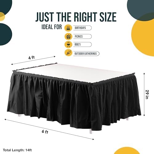Exquisite Black Table Skirt 24 Pack - Disposable Plastic Table Skirts for Rectangle Tables 6ft 8ft & Round Tables - 29in x 14ft Self-Adhesive Strip - Birthday Wedding Gender Reveal Decor - Image 4