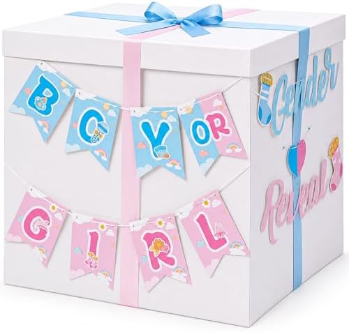 VercanMonth 28 Inches Giant Gender Reveal Gift Box with Lid Kit Extra Large White Gift Box with Boy or Girl Party Banner and Blue Pink Ribbons for Gender Reveal Birthday Party Baby Shower Decor by VercanMonth