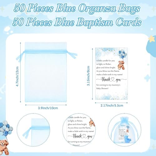 Poen 50 Sets Bear Candles Gender Reveal Cute Candle 50 Bear Thank You Card and Gift Bags Girl Boy Baby Shower Return Gifts for Guest(Blue) - Image 3