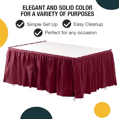 Exquisite Burgundy Table Skirt 48 Pack - Disposable Plastic Table Skirts for Rectangle Tables 6ft 8ft & Round Tables - 29in x 14ft Self-Adhesive Strip - Birthday Wedding Gender Reveal Decor - Image 2