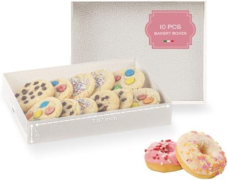 Pack of 10 Bakery Boxes with Window (7.87" x 5.9" x 1.37") - Ideal for Cookie with Window, Pastry and Small Charcuterie, White Leather by BoxesCraftory