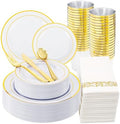WDF 175PCS White and Gold Plastic Plates - Gold Plastic Plates - 25 Guest Thanksgiving Disposable Dinnerware Sets Include 50 Plate, 25 Cutlery, 25 Napkins and 25 Cups for Party/Thanksgiving/Wedding by WDF