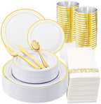 WDF 175PCS White and Gold Plastic Plates - Gold Plastic Plates - 25 Guest Thanksgiving Disposable Dinnerware Sets Include 50 Plate, 25 Cutlery, 25 Napkins and 25 Cups for Party/Thanksgiving/Wedding by WDF