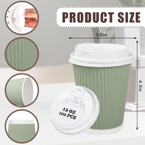 Whaline 100 Pcs Sage Green Disposable Coffee Cups with Lids 12 Oz Solid Green Paper Cups Corrugated Ripple Wall Insulated Hot Cup for Home Office Party Supplies - Image 2