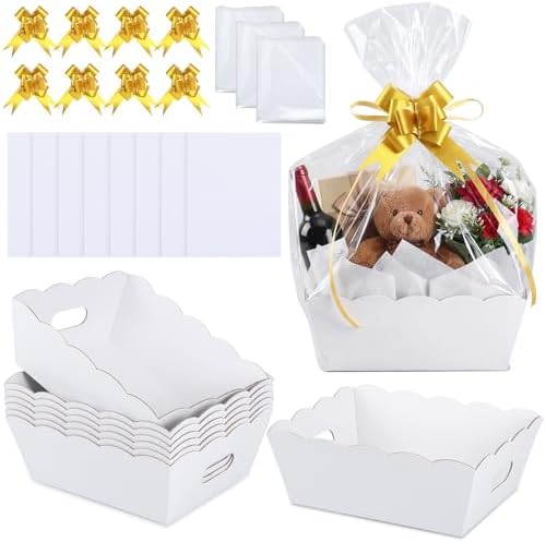 Fuyoooo 8 Pack White Basket for Gifts Empty to Fill, 10" x 8" Thick Sturdy Kraft Scalloped Edge Gift Basket with Handle, 8 Wrap Bag 8 Bow 16 Tissue Paper for Christmas Wedding Birthday Wrapping Gift by Liraitoya