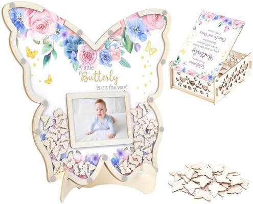 peacoblue Baby Shower Guest Book Alternative Set – 73 Pcs Wooden Butterfly Memory Kit with Display Frame, Keepsake Box, and Signature Pieces Decorations for Girl or Boy Parties by PEACOBLUE