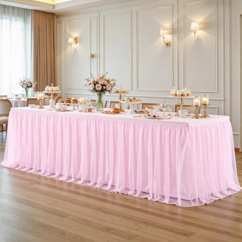4 Pack Pink Tablecloth for 8 Foot Rectangle Tables with Tulle Table Skirt - Image 4