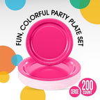 Party Solids Exquisite Hot Pink Mixed Paper Plates - 7" & 9", 200 Pack (100 each), 350 GSM - Image 2