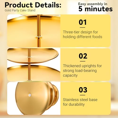 2 Pcs 3 Tiered Gold Cupcake Stand 3 Tier Stainless Steel Cupcake Stand with Removable Tiered Tray Gold Tiereds Dessert Stands Party Serving Trays Golds Cake Holder for Weddings Birthdays Decorations - Image 4