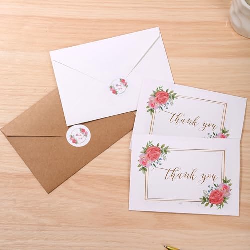 25psc Foldable Flower Thank You Cards and Wishes Card Set, White Kraft Envelopes with Seals, Suitable for Bridal Shower Baby Shower (100pcs Thank You Card Set one) by Unknown