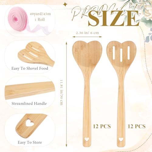 Reallnaive 24 Pcs Bamboo Spatula Wooden Kitchen Utensil Bulk 12''wood Spoon Spatula for Cooking with Ribbon Bridal Baby Shower Game Prize Wedding Party Favors Housewarming Gift (Heart Style) - Image 2