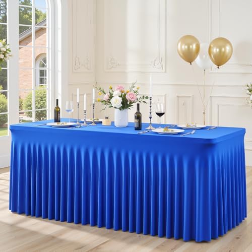 Suppromo 8ft Royal Blue Spandex Table Cloths for Rectangle Tables Wrinkle Free Rectangle Tablecloths, Stretch Fitted Table Cover with Skirt for Birthday Party Wedding Banquet Baby Shower Buffet Event - Image 2