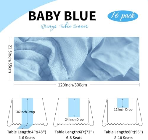 16 Pack Baby Blue Cheesecloth Table Runner 21.5 x 120 Inches Boho Gauze Table Runners 10FT Long Cheese Cloth Table Runner for Bridal Shower Baby Shower Birthday Party Wedding Decor - Image 3