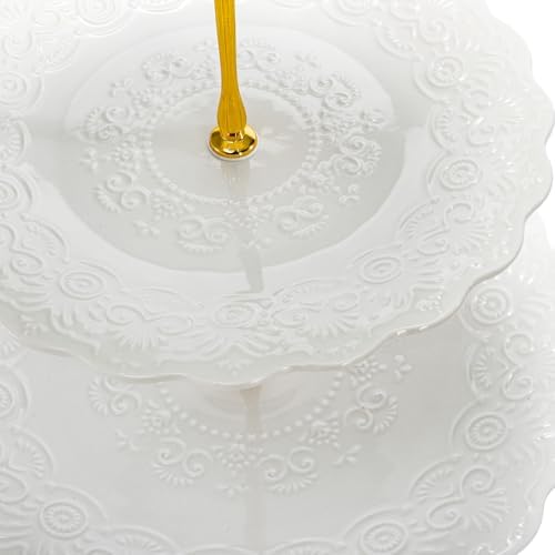 SOUJOY Set of 2 Porcelain Tiered Cupcake Stand, White Embossed Dessert Stand with Gold Rod, 3 Tiers and 2 Tiers Serving Trays for Tea Party Wedding Baby Shower Home Birthday - Image 4