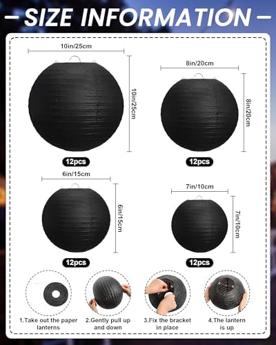Treela 48 Pcs Paper Lanterns Party Decorations Round, Black - Image 3