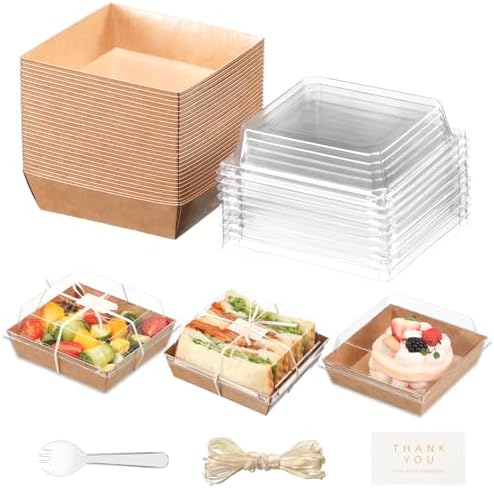 100pcs Smal Charcuterie Boxes with Clear Lids - Disposable Food Containers for Desserts,Boxes for Sandwich, Cake Slice Packaging, Fruit,Salad,Perfect for Bakery Treats,(Brown, 5.3 * 4.9 * 2.5 in) by Unknown