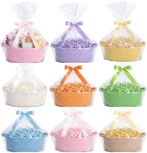 Hoolerry 8 Set Small Woven Gift Basket Empty with Bag Bow Raffia Pastel Cotton Rope Storage Box with Handle for Toy Storage Nursery Shelf Organizing Baby Shower Birthday Gift Basket, 12"x 8" x 5" by Hoolerry