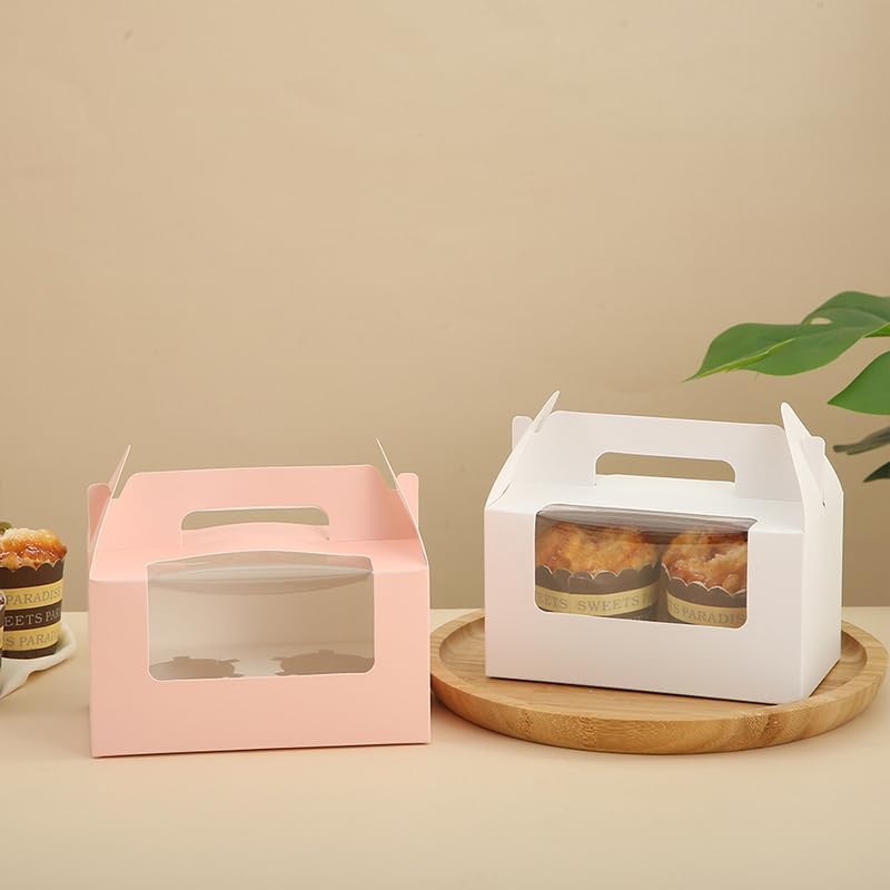 JIYIXhylera 100Pcs Cupcake Boxes with Handle, White 2 Cavity Kraft Paper Muffin Boxes with Clear Window, 6.49x3.74x3.54 Inch Cupcake Carriers for Wedding - Image 7