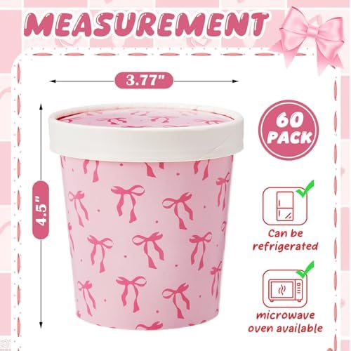 Roshtia 60 Pack Pink Bow Ice Cream Cups, 16 oz Disposable Cute Bowknot Paper Bowls with Lids, Pink Bow Dessert Bowl Snack Cup for Hot or Cold Baby Shower Birthday Mothers Day Tea Party Favor Supplies - Image 2