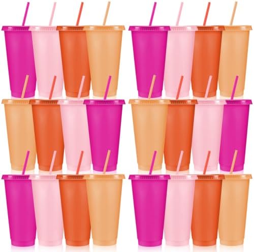 Skylety 24 Pcs Pink Orange Plastic Cups with Lids and Straws 24 oz by Skylety