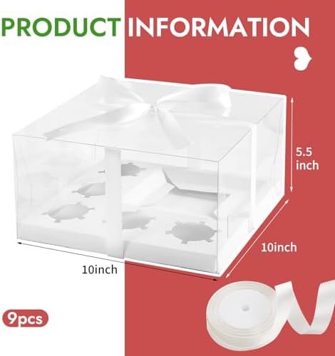 JCD 9 Packs Cake Cupcakes Combo Box 1+5 Cupcake Containers with Gift Ribbon Bento Clear Boxes (5 Cupcakes with a mini Cake) (1+5/9Pcs) - Image 2