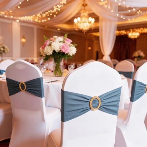 Pack of 50 Dusty Blue Chair Sashes with Gold Buckles, Chair Bands Bows - Image 5