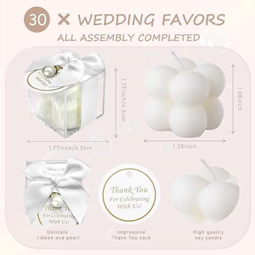 ACITHGL 30 Sets Fully Assembled Small Bubble Candle Party Favors for Guests Bulk Bridal Showers Favors Candles with Stylish Ribbons Thank You Cards Gifts (White) - Image 2