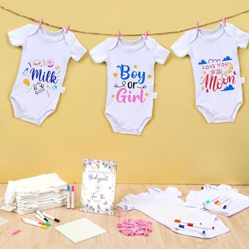 Panitay 126 Pcs Baby Shower DIY Bodysuit Set Bib 25 Blank White Newborn Bodysuit 25 Stencils 24 Marker 1 Sign 50 Pins(Butterfly) - Image 3