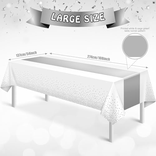 MASHAN 12Pcs White Silver Tablecloth Party Decorations,Plastic White Table Cloth Printed Silver Runner Disposable Rectangle Table Cover for Birthday Wedding Anniversary Graduation Party,54 x108 Inch - Image 3