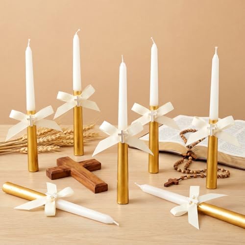 MTLEE 12 Pcs Baptism Favor Gold Bow Candles with Cross Baby Shower Favors Religious Holy Communion Christening Gifts for Christian Guests Party Wedding Birthday - Image 3