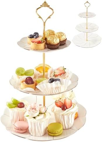 DUJUST Luxury Porcelain 3-Tier Cupcake Stand Tower, British Style Serving Tray with Golden Trim, Food Grade Dessert Display Stand, Beautiful Gift for Tea Party & Home Décor by DUJUST