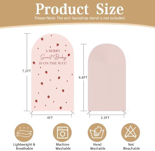 2 Pcs A Berry Sweet Baby is ON The Way Arch Backdrop Covers,Set of 2(7.2FT/6.6FT) Pink Ripple Strawberry Theme Arch Fabric Cover for Girls Birthday Baby Shower Party Decoration - Image 4