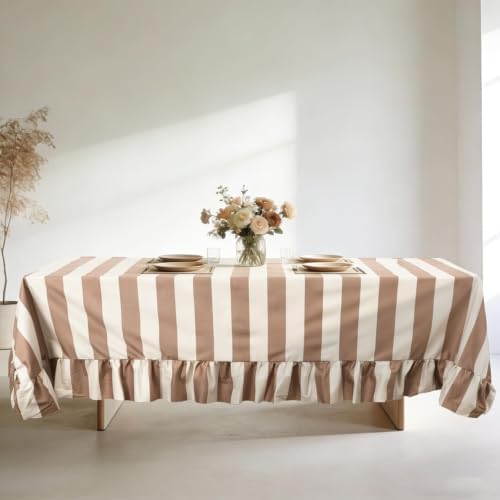 JarThenaAMCS Ruffle Tablecloth Table Cloth Beige Brown Striped Rectangle Decorative Table Cover for Baby Shower Home Kitchen Farmhouse Party Wedding Decor, 55 x 70 Inch - Image 4