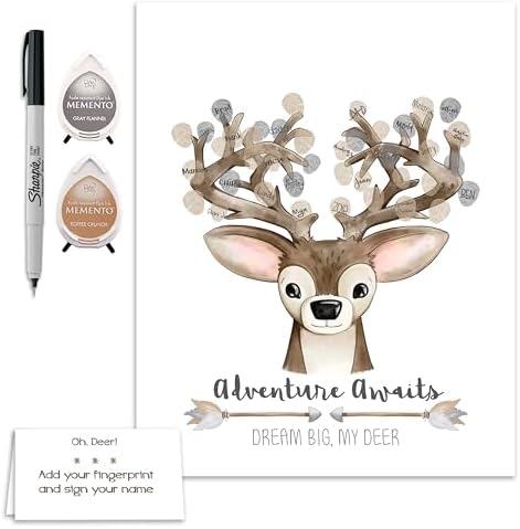Neutral Deer Theme Fingerprint Poster for Woodland Baby Shower Guestbook Alternative, Hunting Theme Thumbprint Tree, Deer Head, Neutral Woodland Baby Shower Ideas (11x14 Inches, Neutral) by MeganHStudio