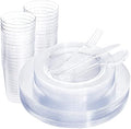 WDF 25 Guest Clear Plastic Plates with Disposable Plastic Silverware - Plastic Plates and Cups for Party include 25 Dinner Clear Plates, 25Salad Plates, 25Forks, 25Knives, 25 Spoons, 25Cups by WDF