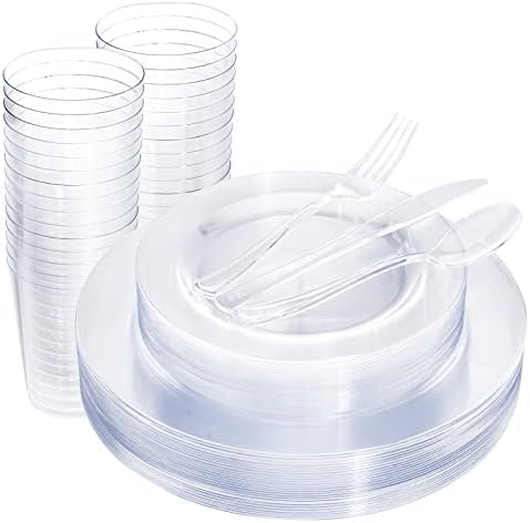 WDF 25 Guest Clear Plastic Plates with Disposable Plastic Silverware - Plastic Plates and Cups for Party include 25 Dinner Clear Plates, 25Salad Plates, 25Forks, 25Knives, 25 Spoons, 25Cups by WDF