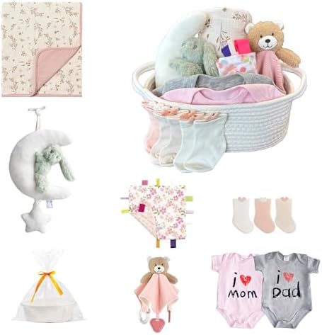CREVENT Gift Set for Girls Boys -Diaper Caddy Organizer Basket with 1 Blanket, 1 Taggie, 1 Lovey, 3 Socks，2 Baby Bodysuits, 1 Crib Mobile, 1 Gift Bag - Newborn Essential by CREVENT