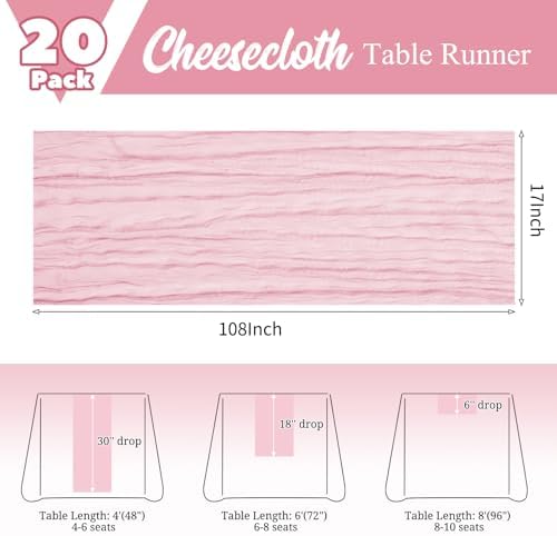 20 Pack Pink Table Runner 17 x 108inch Cheesecloth Table Runner Rustic Boho Gauze Sheer Fabric Cheese Cloth Table Runners for Wedding Party Bridal Baby Shower Birthday Spring Table Decor - Image 3