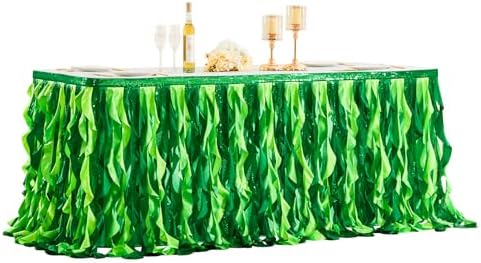 Wish Care 6ft Green Sequin Table Skirt for Rectangle Tables Curly Willow Hawaiian Grass Tutu Skirt Ruffle Table Cloth Desk Skirts for Birthday Baby Shower Jungle Luau Tropical Theme Party Table Decor by WishCare