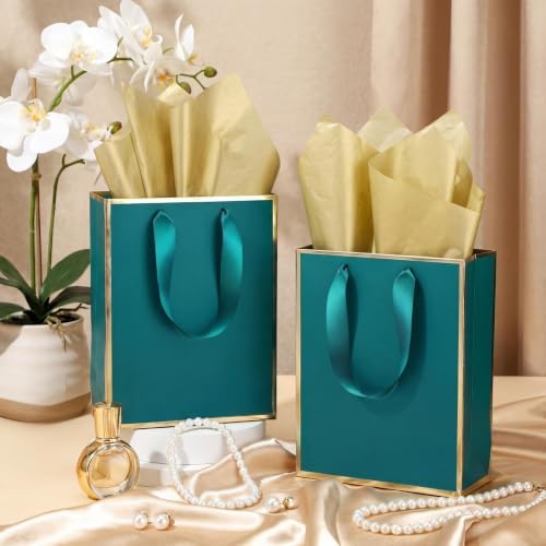 Yeaqee 50 Pcs Metallic Paepr Gift Bags Bulk with Handles,Turquoise Gold - Image 5
